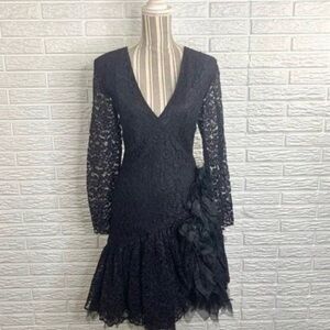 Vintage Tadashi Black Lace Ruffled Drop Waist Formal Cocktail Dress Size 12